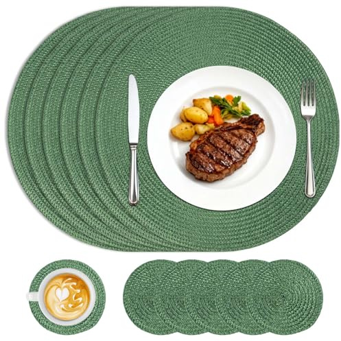 Homcomodar Round Placemats and Coasters Set of 6 Braided Woven Table Mats Washable Heat Resistant Place Mats for Tables Green Placemats for Home Kitchen, Dining Table, Outdoor,34cm