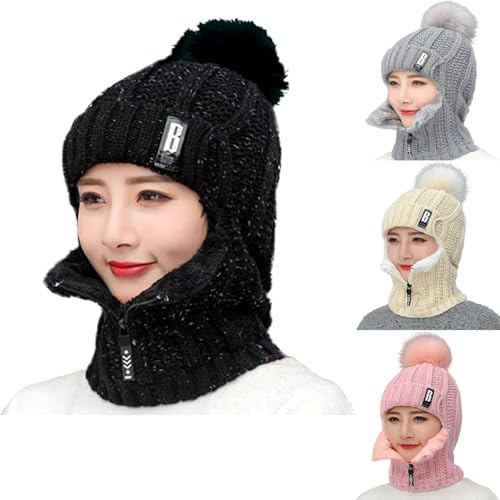 Aartner mössa och halsduk för kvinnor, 2-i-1 vinterstickad mössa halsduk mössa set, balaclava vintermössa stickad halsduk, dubbel värme, 50–60 cm, svart, 50-60