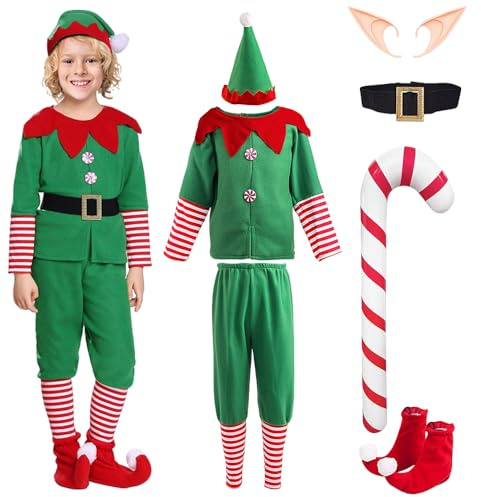 LYPPUL Costume Elfo per Bambini, Costume da elfo Natalizio, Natale Set Famiglia Costumi con Cappello da Elfo, Orecchie da Elfo, Stampella Gonfiabile, Accessori per Feste, Carnevale （150cm）