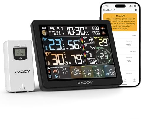 Raddy N80 Estación meteorwifi WiFi con aplicación telefónica, termómetro inalámbrico interior al aire libre con AI Life Assistant, 8 pantalla, PM2.5/AQI, índice UV, salida y puesta del sol
