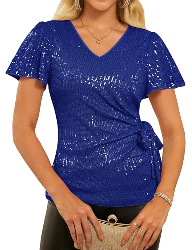 GRACE KARIN Femme Haut Chic À Sequins Blouse Soirée Élégante À Paillettes Top De Fête Col en V Manches À Volants Courtes Bleu Royal XXL