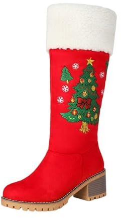 Generisch Botines festivos con forro de invierno cálido y cómodo, suela antideslizante, tacón de bloque, punta redonda, diseño bordado, para interior y exterior, rojo, 44 EU