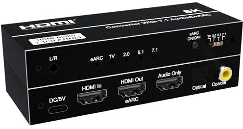 Rensaday Estrattore audio HDMI 8K con eARC, 4K@120Hz 144Hz, 40Gbps HDMI 2.1, Dolby Atmos/DTS:X, ottico/coassiale/uscita audio da 3,5 mm per PS5, Xbox Series X/S, PC, home theater