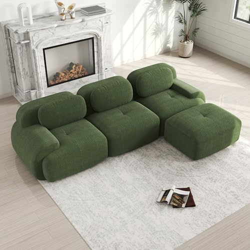 Bladez Sofá moderno de pana modular de 3 plazas en forma de L con otomano, sin montaje, sofá acolchado ergonómico con amplios reposabrazos y acolchado estable para salón, verde, 3 plazas+1