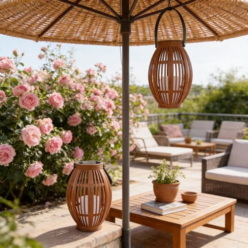 Lanterne Solaire Extérieur Lot de 2, Aspect Bambou Plastique Suspendue
