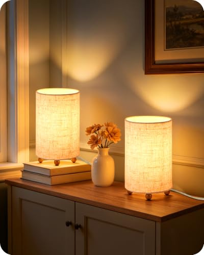 GOEBLESON Kleine Nachttischlampe 2er Set, Tischlampe mit Leinenschirm