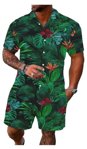 Hawaiiansk kostym för män Hawaiian Strand Herrskjortset, Sommar Tvådelade shorts, Fritidskläder för, Festmode topp, Flerfärgad 7, L