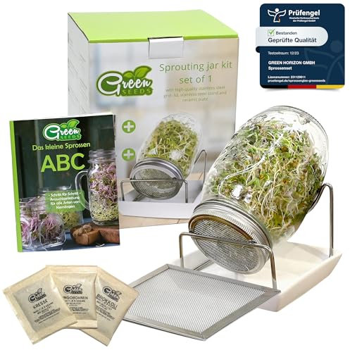 Green SEEDS® [Das Original Sprossenglas Starter-Set + KRESSESIEB | 1000ml mit hochwertigem Edelstahl-Gitterdeckel, Ständer, Keramikschale + Sprossen-ABC [Druckversion] Keimglas Anzuchtschale