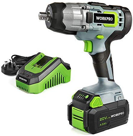 WORKPRO Cordless Impact Wrench Lightweight 20V/18V, 4.0Ah Li-ion Battery (Fast Charger), 1/2” Chuck, 2 Mode Forward/Reverse, Belt Clip, LED Light for Working in Dark Environment