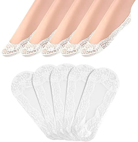 FEPITO 10 Pairs Women No Show Lace Boat Socks Non slip Ankle Socks Low Cut Liner Invisible Socks for Sneaker Loafers(White)
