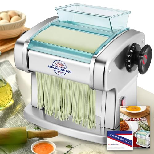 Moongiantgo Máquina Pasta Eléctrica Profesional, Acero Inoxidable, Con Cortador Redondo de 2,5 mm y Plano de 4 mm, Ajuste de Espesor de 9 Velocidades 0,5-5 mm, para Fettuccine, Tagliolini, Ravioli