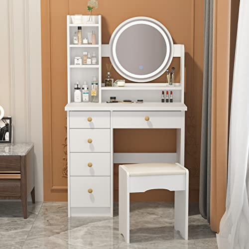 Caldion Schminktisch mit Spiegel und LED, Schminktisch mit 5 Schubladen, Regalen, Kommode und gepolstertem Hocker-Set 132 * 80 * 40cm