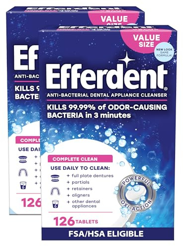 Efferdent Denture Cleaner Tablets – Dental Appliances, Aligners, Mouth Guard, and Retainer Cleaner Tablets, Complete Clean, 126 Count, Pack of 2