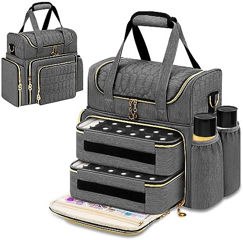 Betoores Nagellack Aufbewahrung Tasche - Doppelschicht Organizer für 70 Flaschen (bis zu 15 ml) Tragbare Tasche für Nageltrockner, Nagellampe und Zubehör - Grau