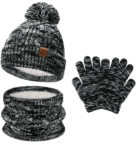 Enfants Bonnet Pompon Hiver Echarpe Gants Tactiles Ensemble Cache-Cou avec Polaire pour 5-8 Ans Cadeaux pour Bebes Filles Garçons