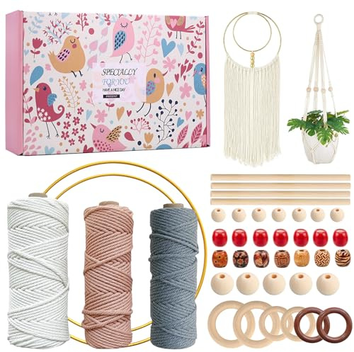 Macrame Kit,Macrame Kit for Beginners,656 Feet 3mm Macrame Cord,Natural Cotton Yarn Macrame with Wooden Beads,Wooden Poles,All Accessories to Make Macrame Plant Hanger,Macrame Wall Hanging Craft Kit