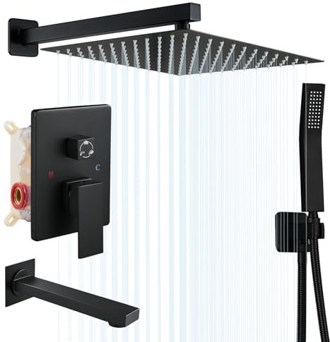ROVOGO 30x30cm Unterputz Duscharmatur Schwarz Set Duschkopf Eckig, Duscharmaturen Komplettset mit Wanneneinlauf und Handbrause aus Edelstahl, Ganzmetall Duschsystem Duschset Regendusche mit Armatur