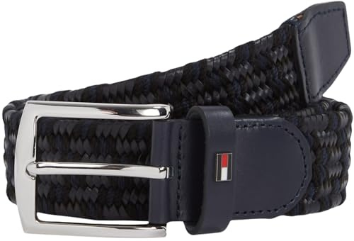 Tommy Hilfiger Uomo Cintura Denton Elastic Leather 3,5 cm Intrecciata, Multicolore (Space Blue / Black), 85 cm