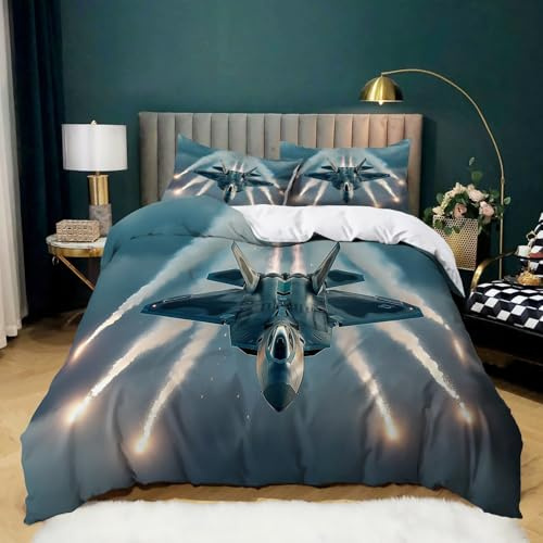 Duvet Cover Set Double Military Fighter Jets Quilt Cover Bedding Set Easy Care Bed Linen Soft Microfiber, Bedding Sets & Pillowcase with Zipper Closure, Duvet Cover for Kids Teenagers