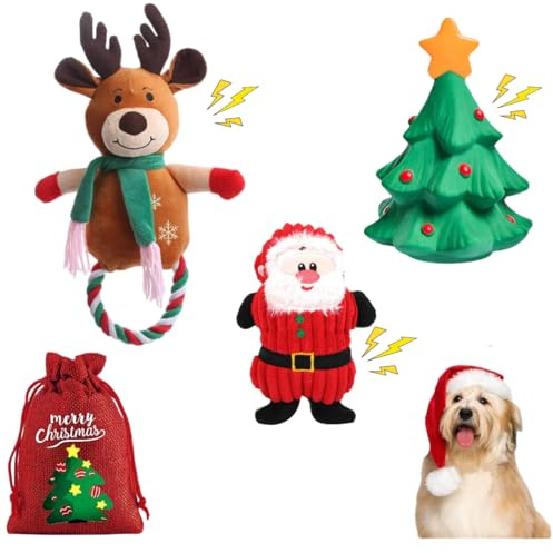 Little Bean Quieaky - Set di 3 giocattoli da masticare per cani natalizi in peluche, con squeaker, durevoli, interattivi, per cuccioli (set per cani di Natale)