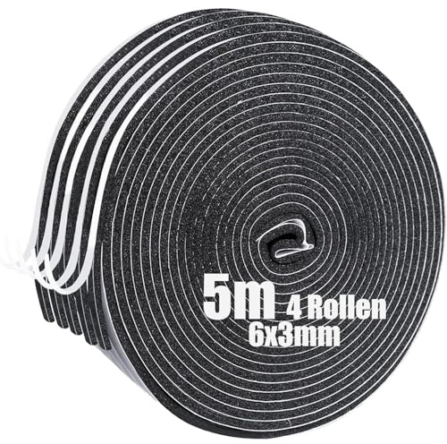 SDLDEER Goma espuma autoadhesiva cinta de sellado autoadhesiva cinta adhesiva de espuma para ventanas juntas de puertas sellado anticolisión insonorización (6mm(B) x3mm(D) x5m(L), 4 rollos)