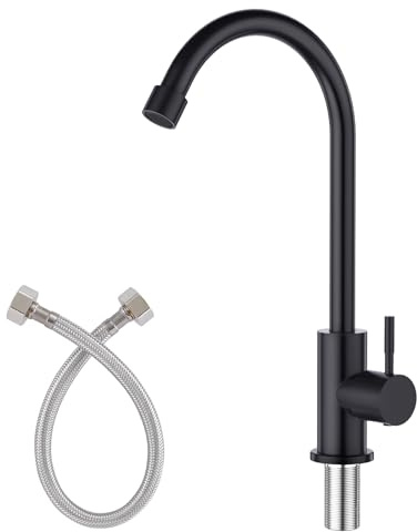 CREA Cold Water Only Faucet for Kitchen Outdoor Matte Black Bar Sink Faucet 1 Hole - High Arc 360°Swivle Single Handle Cold Water Tap Stailess Steel - 2.2 Extra Long Thread Rod