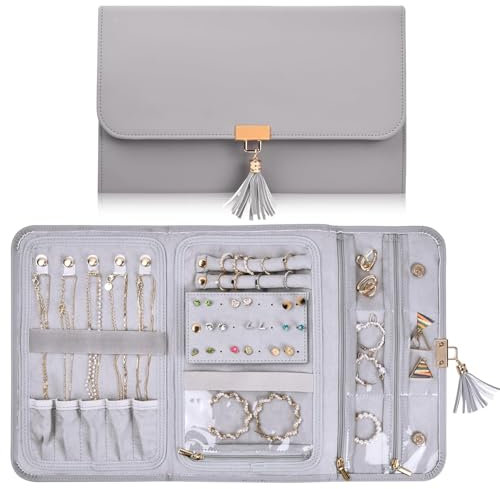 Travel Jewellery Organiser, 28x17.6cm, Waterproof Leather Jewelry Bag Roll 15 Compartments, 2 Ring Buckles Band, 1 Earring Panel, 5 Necklace Buckled Straps, 6 Clear Small Pockets and 1 Zipper Pocket