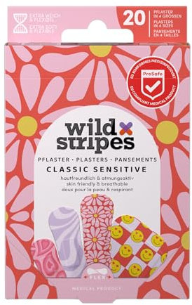 Wild Stripes - Classic Sensitive Pastel Fun - Cerotti ipoallergenici con design stiloso per protezione ferite - Impermeabili, resistenti & delicati sulla pelle - 20 pezzi
