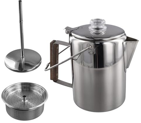 Olla percolador de café de acero inoxidable para camping, senderismo, caravana y viajes, 9 tazas