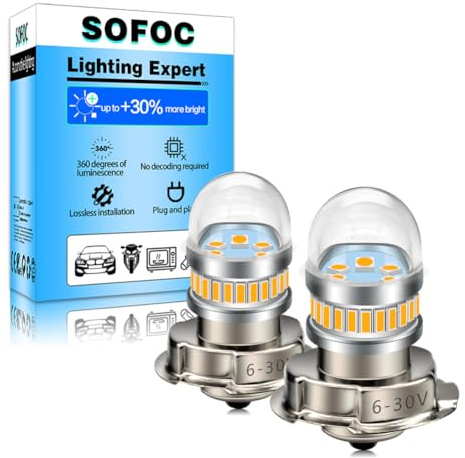 SOFOC P26S LED Strålkastare Moto 6-30V 6V/12V/24V 1000LM Varmvit 2St | Endast DC • Passar 6V 12V 24V • Strålkastare för Scooter & Moped • 24+6 Prestandachips • S3 Glödlampa