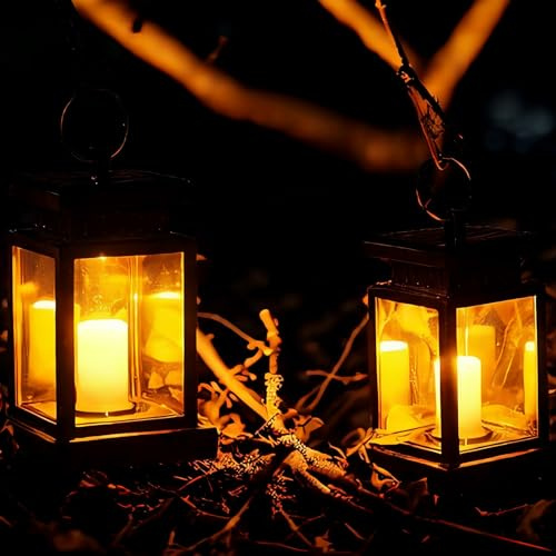 Solar Laterne Außen mit LED Kerze, 2 Stück Solarlaterne für außen, Wasserdicht Solar Solarlampen für Draußen, Solarlaterne Hängend mit Kerzen für Balkon Patio Garten Terassen Deko