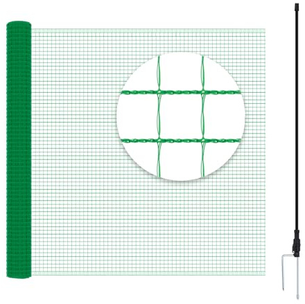 Woltu Fjäderfänät, mobilt staket 10 x 0,9 m tätt maskigt, hundstaket, trädgårdsstaket, stängsel, campingstaket, med 7 stolpar, vindlinor, jordspikar buntband, grön