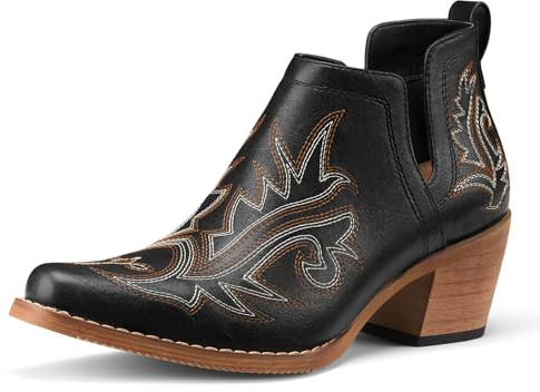 Rollda Cowboy Ankle Booties for Women, Cowgirl Short Boots with Chunky Stack Heels, V Cutout Ladies Western Booties for Cowboy Chic Style, Black, Size 9