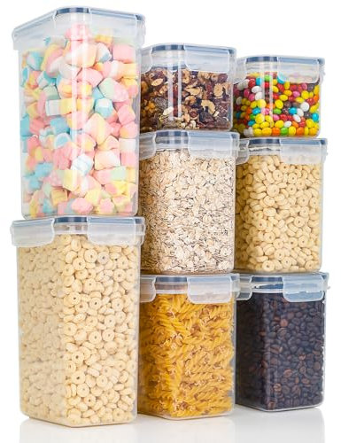 Cozary Boîtes de Rangement Alimentaire Hermétiques avec Couvercle – Lot de 8 Contenants Sans BPA pour la Conservation de Céréales, Farine et Aliments – Organizer Cuisine pour Placard et Tiroir