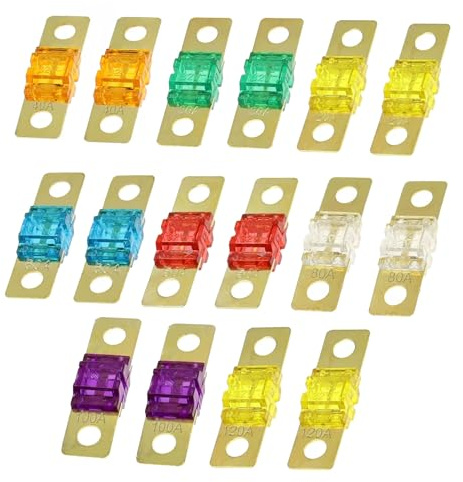 16 Pièces Fusible Voiture, Midi Fusibles Set 20A 30A 40A 50A 60A 80A 100A 120A, 32V ANL Fusible Bolt-on, Courant éLevé Fusibles Plats à Lame pour Fusibles Auto Moto Truck RV Camion