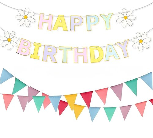 SDXCJY Striscione di buon compleanno e 2 bandiere triangolari colorate, 3 pezzi, decorazione ghirlanda di bandierine in tessuto, multicolore pastello, impermeabile, per casa, giardino, feste di