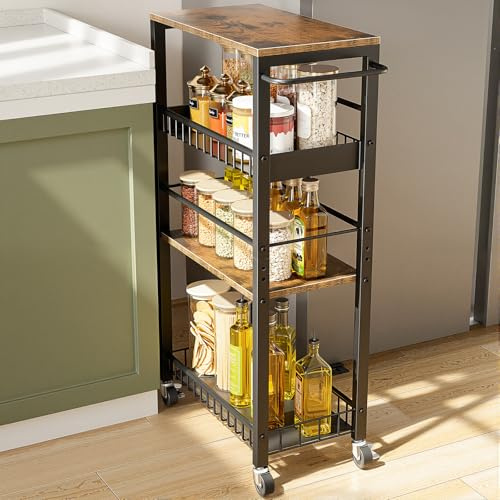 Kssiaz Rollwagen 4 Ebenen, Küchenwagen schmal, Nischenregal auf Rollen, Stahl, Griff, für kleine Räume, 23 x 41 x 81 cm, Einstellbare Höhe, Küche, Bad, Wohnzimmer, Arbeitszimmer, Braun
