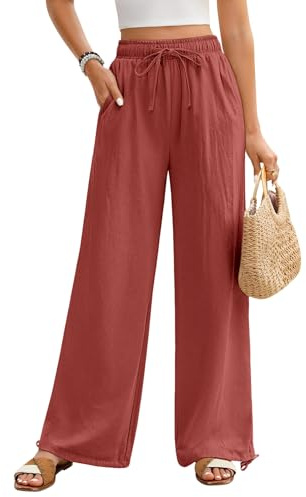 Niwicee Pantalones Mujer Verano Casuales Algodón Vintage Cintura Alta Elástico Pantalones Rectos con Cordón Verano con Bolsillos Ligeros y Cómodos Frescos Anchos Palazzo Pantalones (Rojo Oscuro, L)