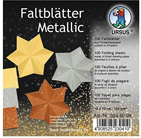 Ursus 3246899 - Faltblätter Metallic, aus Tonzeichenpapier 130 g/qm, 100 Blatt in 3 Farben, ca. 10 x 10 cm, durchgefärbt, hohe Farbbrillanz und Lichtbeständigkeit, ideal für schöne Faltfiguren