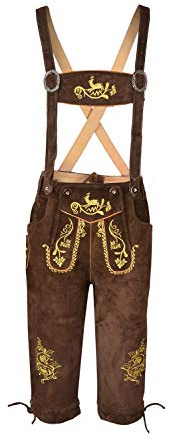 Mens Long Lederhosen Bavarian Real Cowhide Leather with Matching Suspenders (Chocolate, UK 34 / EU 50)