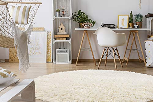 rugsx Flókati Alfombra de Lana Griega, para el salón, el Dormitorio, la habitación de los niños, Color Natural, Redondo Blanco 150 cm