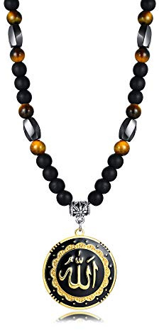 MEALGUET Allah Medallion Necklace, Stainless Steel Islamic Jewelry,Arabic Jewelry,Allah Name of God Round Pendant Necklace for Women and Men with Agate Beaded Chain, Muslim Gift Jewelry, Gift