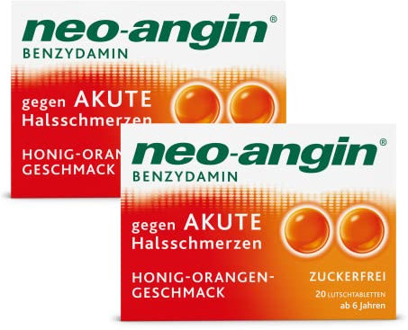 neo-angin Benzydamin gegen akute Halsschmerzen mit Honig-Orangengeschmack | bei schmerzhaften Halsentzündungen | für Erwachsene & Schulkinder ab 6 Jahren | zuckerfrei | Sparset mit 2 x 20 Stück