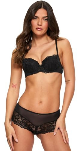 Ann Summers Sexy Lace Padded Balcony Bra Curve-Enhancing Womens Underwear with Push-Up Cups, Underwire Support & Removable Pads Black - Womens Lingerie