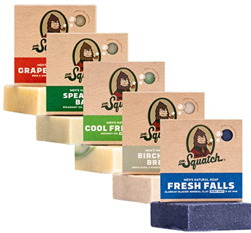 Dr. Squatch All Natural Soap Bar for Men, 5 Bar Variety Pack - Birchwood Breeze, Cool Fresh Aloe, Fresh Falls, Grapefruit IPA, Spearmint Basil