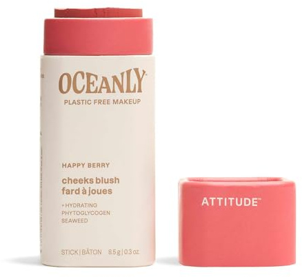 ATTITUDE Oceanly Plastic-Free Lightweight Blush Stick, Titanium Dioxide-Free, EWG Verified, Vegan Makeup, Happy Berry, 8.5 grams