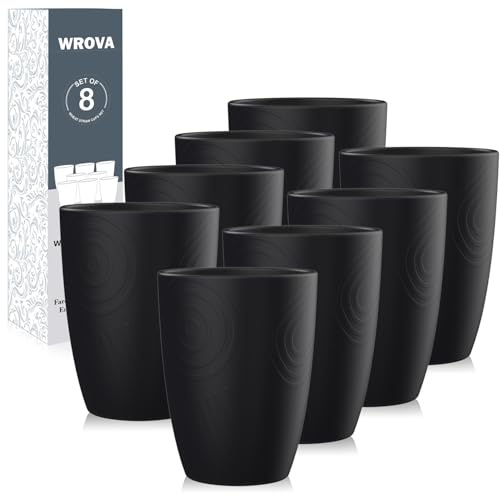 Wrova Wheat Straw Cups Set, 12 oz Plastic Cups Reusable, Black Kitchen Cup