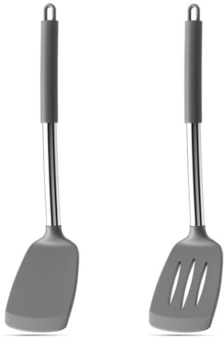 Avesteir 2 Pezzi Spatola Silicone, Spatole in Silicone Antiaderenti Resistente al Calore 35cm, Spatola Cucina con Nucleo Acciaio Inossidabile, Utensili da Cucina per Cuocere uova e fritelle (Grigio)