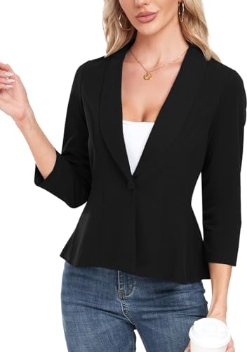 MINTLIMIT Blazers for Women Business Casual Open Front 3/4 Sleeve Blazer Ruffle Hem Work Office Jackets for Ladies Black