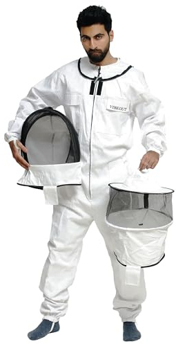 VIBEOUT Bee Suit Full Body Polycotton Beekeeping Clothes Fencing & Round Dual Veil Hood Hat Protective Beekeeper Suit Jacket Coat and Trouser Beekeeper Equipment for Men & Women (White, Medium)
